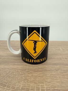California Scene Surfer Mug Black Yellow Road Sign Style Longboard 2016 Souvenir
